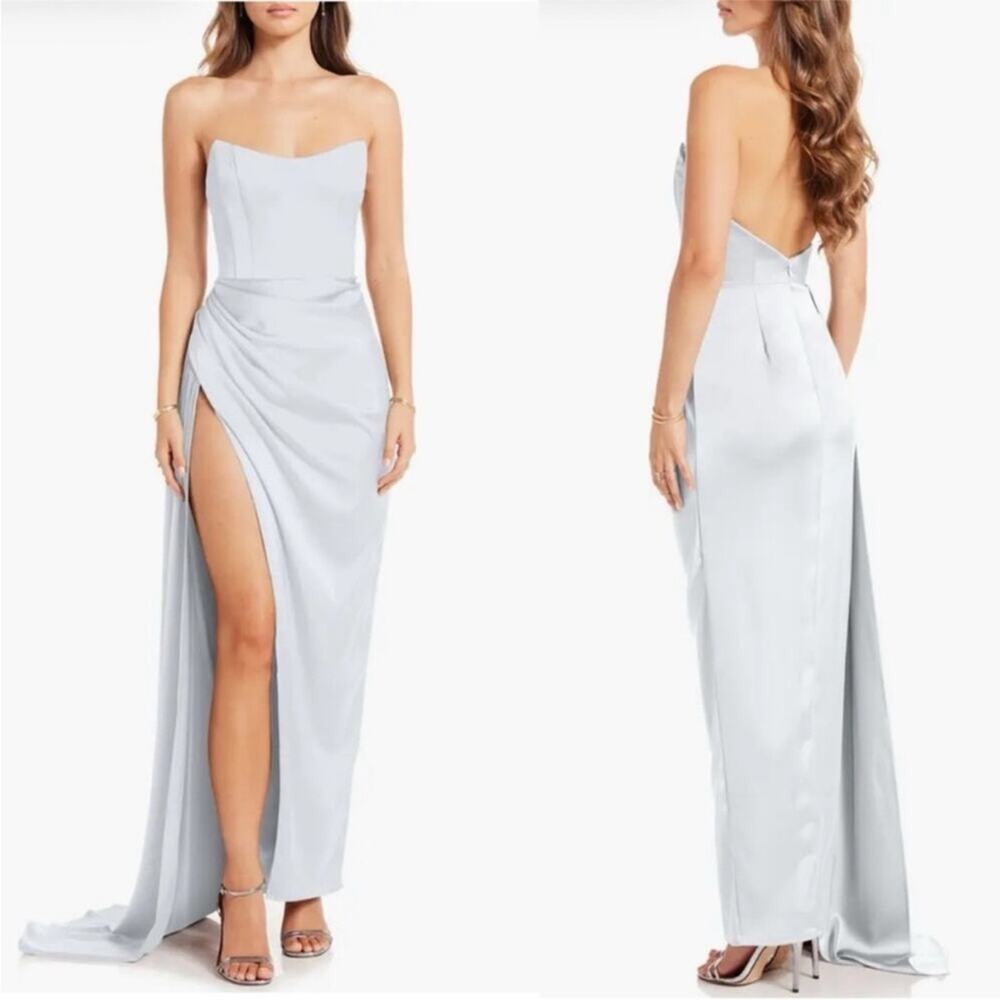 Katie May Bita Strapless Satin Gown in Celestial Blue M